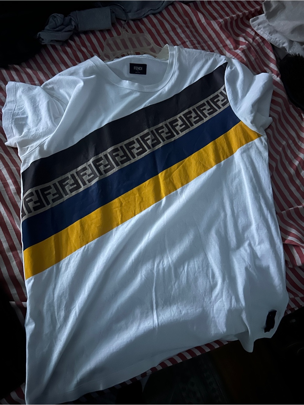 Fendi White Short Sleeve Tee with Black, Navy and Yellow Stripes